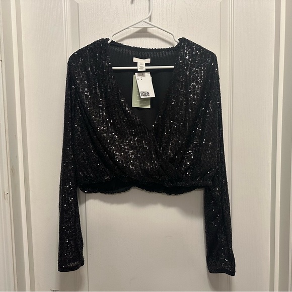 H&M Tops - H&M Black Sequin Long Sleeve Sheer Crop Top